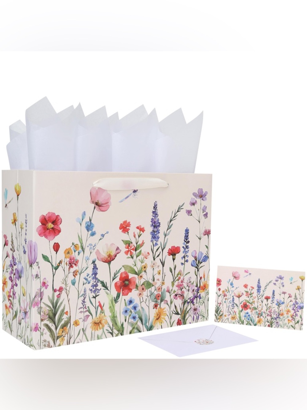 Floral Wildflower Gift Bag with Matching Card - Cream